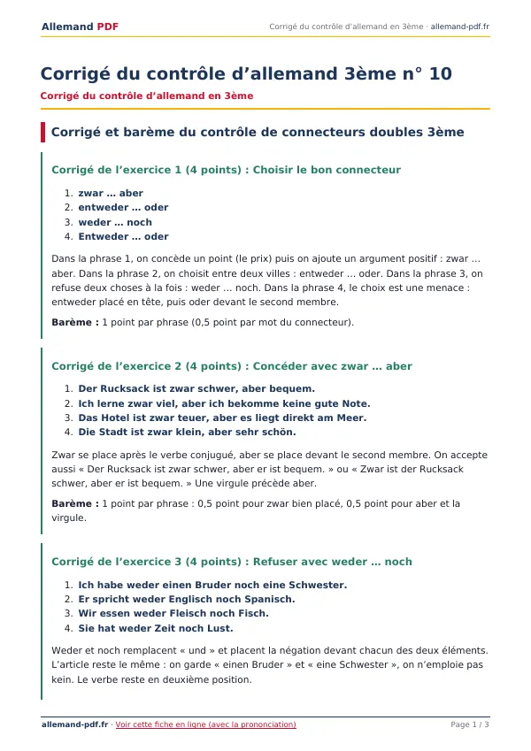 Corrigé du contrôle « Corrigé du contrôle d’allemand 3ème n° 10 » en PDF