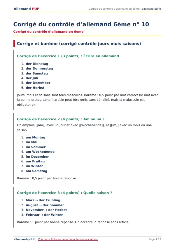 Corrigé du contrôle « Corrigé du contrôle d’allemand 6ème n° 10 » en PDF