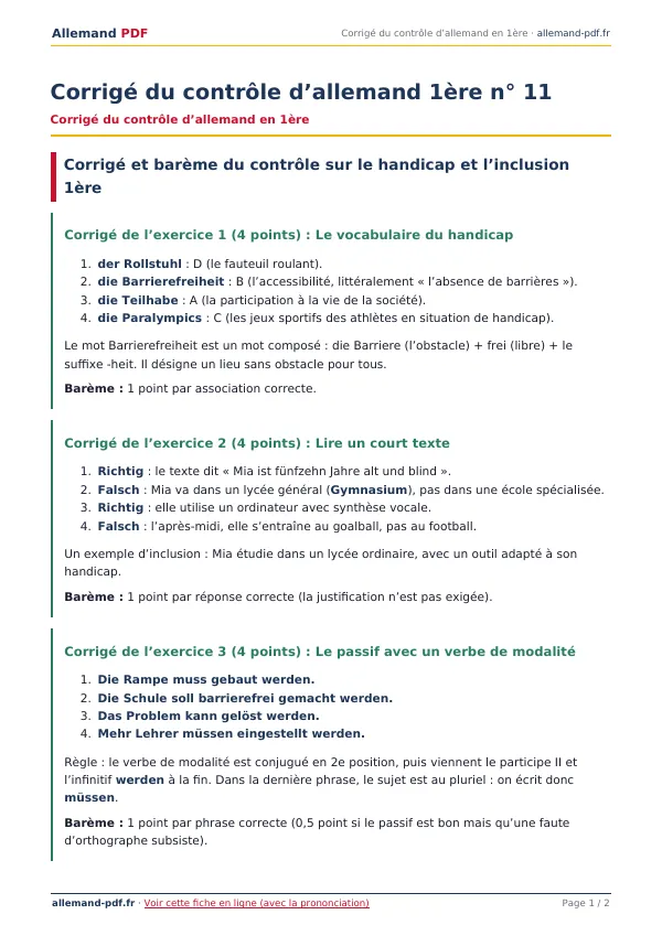 Corrigé du contrôle « Corrigé du contrôle d’allemand 1ère n° 11 » en PDF