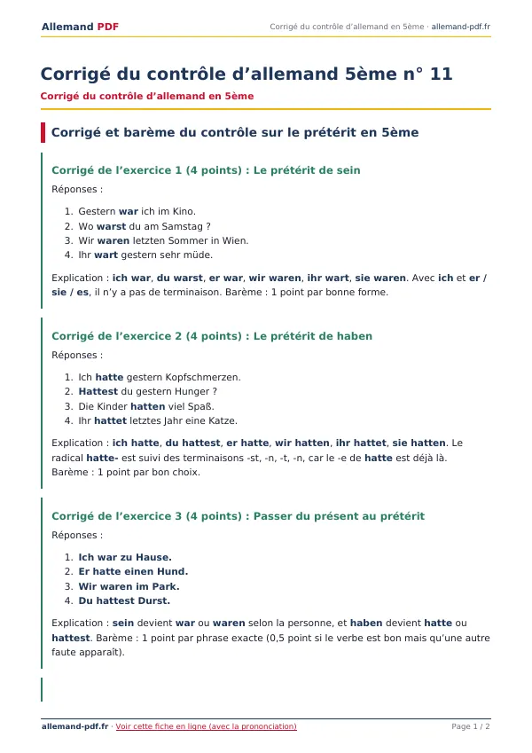 Corrigé du contrôle « Corrigé du contrôle d’allemand 5ème n° 11 » en PDF