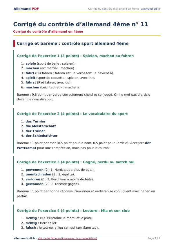 Corrigé du contrôle « Corrigé du contrôle d’allemand 4ème n° 11 » en PDF