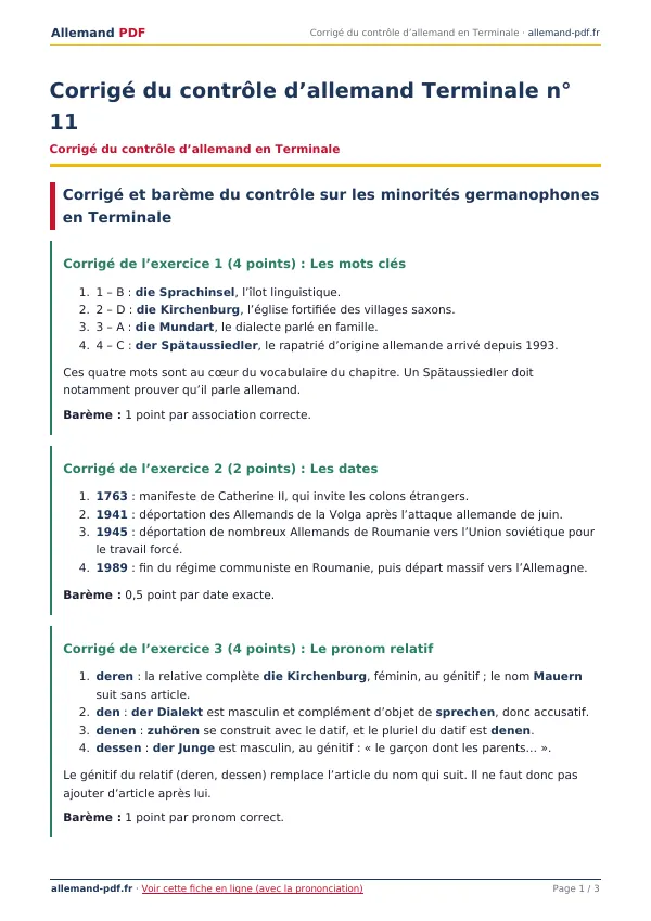 Corrigé du contrôle « Corrigé du contrôle d’allemand Terminale n° 11 » en PDF