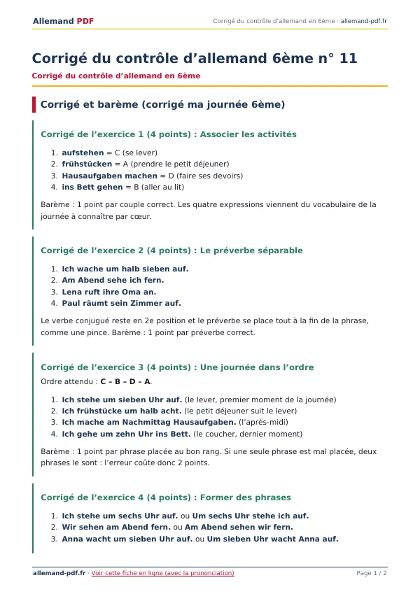 Corrigé du contrôle « Corrigé du contrôle d’allemand 6ème n° 11 » en PDF