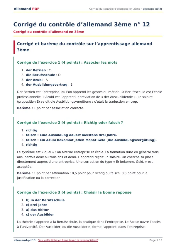Corrigé du contrôle « Corrigé du contrôle d’allemand 3ème n° 12 » en PDF
