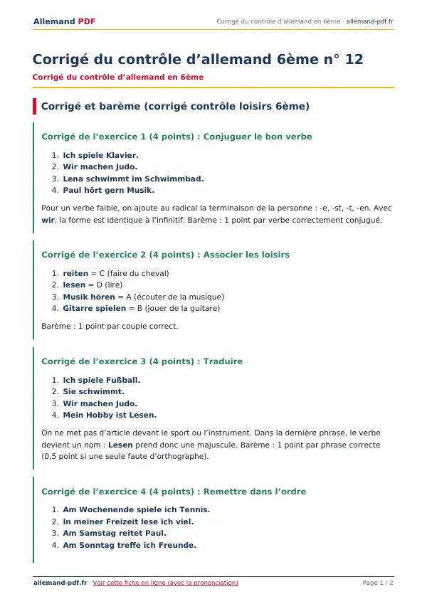 Corrigé du contrôle « Corrigé du contrôle d’allemand 6ème n° 12 » en PDF