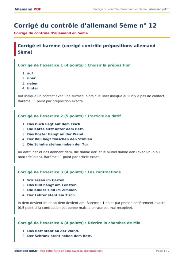 Corrigé du contrôle « Corrigé du contrôle d’allemand 5ème n° 12 » en PDF