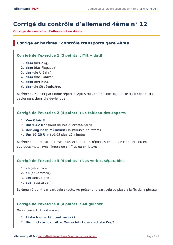 Corrigé du contrôle « Corrigé du contrôle d’allemand 4ème n° 12 » en PDF