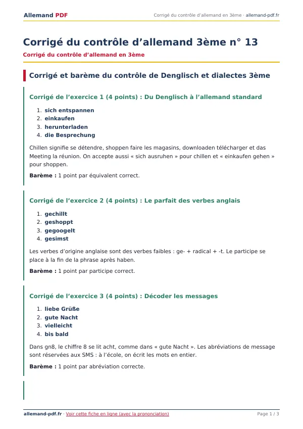 Corrigé du contrôle « Corrigé du contrôle d’allemand 3ème n° 13 » en PDF