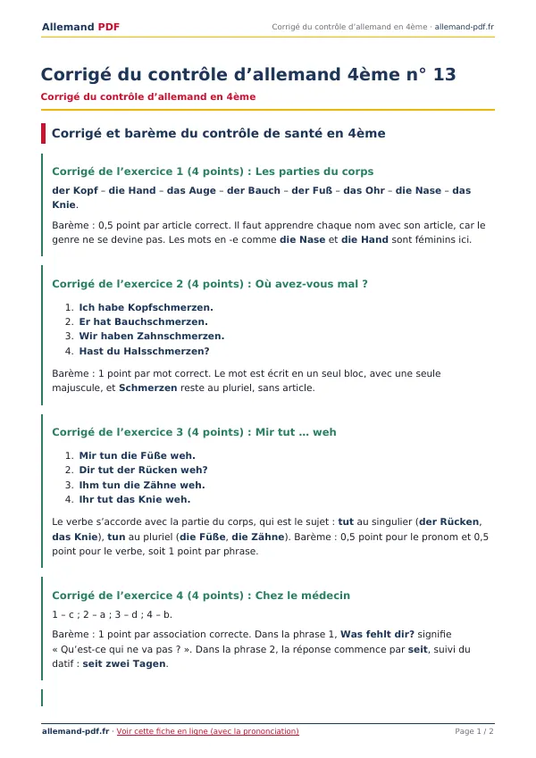 Corrigé du contrôle « Corrigé du contrôle d’allemand 4ème n° 13 » en PDF