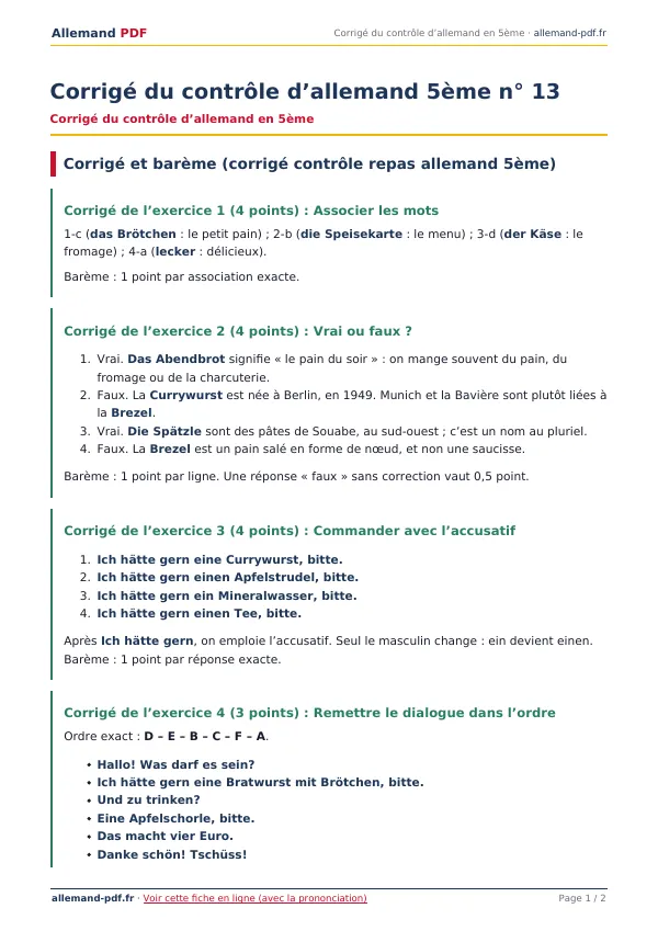 Corrigé du contrôle « Corrigé du contrôle d’allemand 5ème n° 13 » en PDF