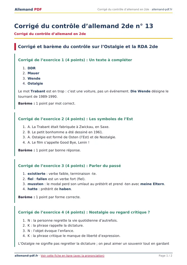 Corrigé du contrôle « Corrigé du contrôle d’allemand 2de n° 13 » en PDF