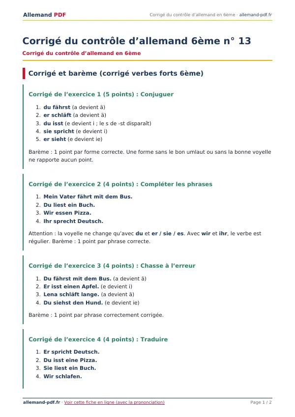 Corrigé du contrôle « Corrigé du contrôle d’allemand 6ème n° 13 » en PDF