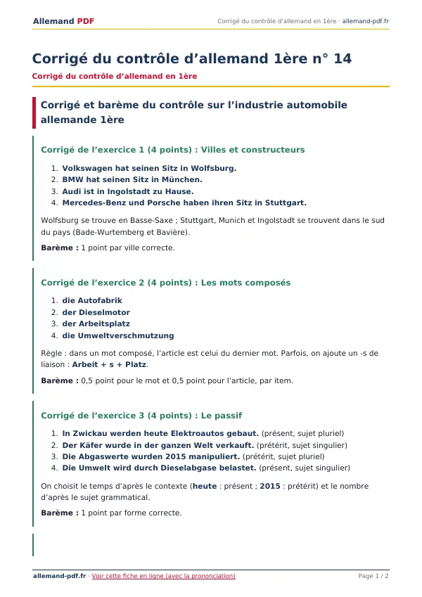 Corrigé du contrôle « Corrigé du contrôle d’allemand 1ère n° 14 » en PDF
