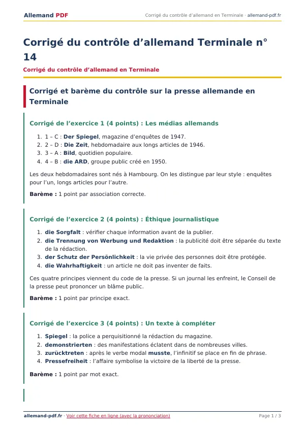 Corrigé du contrôle « Corrigé du contrôle d’allemand Terminale n° 14 » en PDF