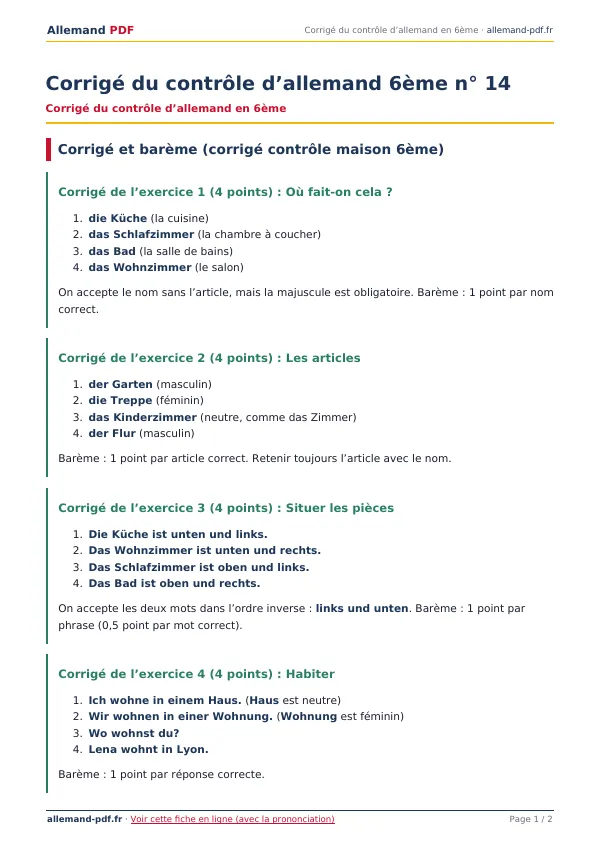 Corrigé du contrôle « Corrigé du contrôle d’allemand 6ème n° 14 » en PDF