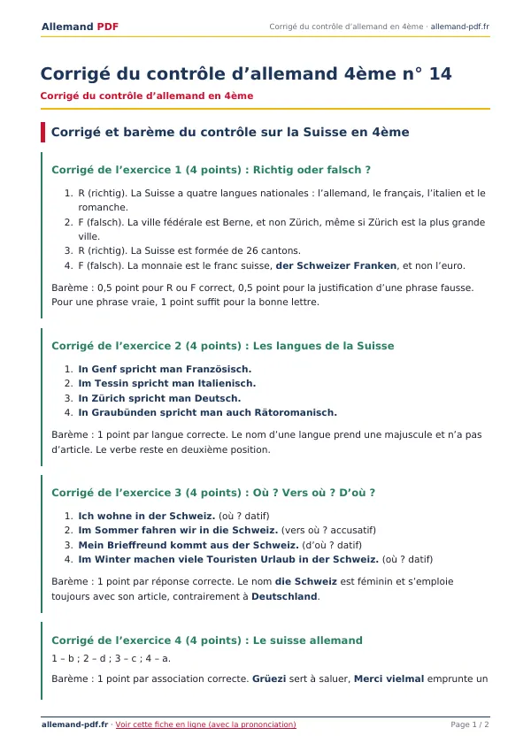 Corrigé du contrôle « Corrigé du contrôle d’allemand 4ème n° 14 » en PDF