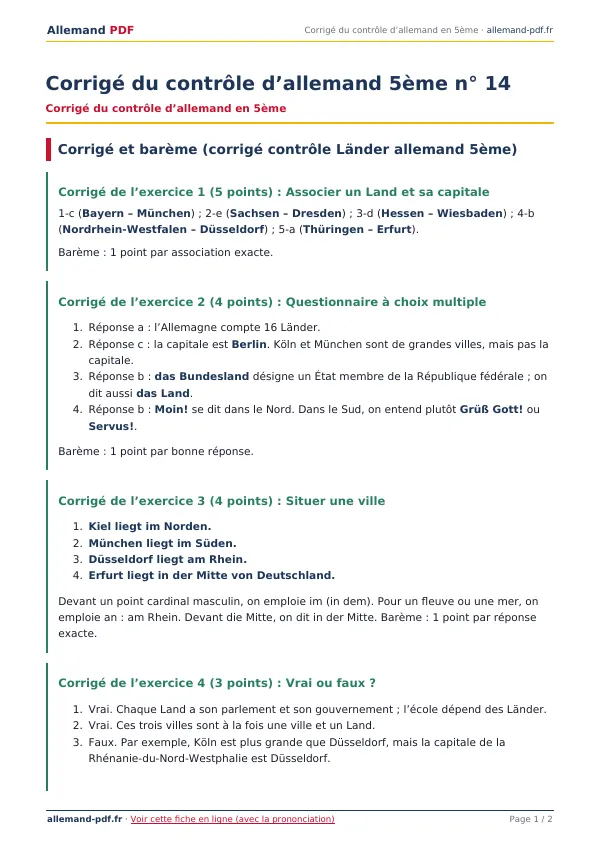 Corrigé du contrôle « Corrigé du contrôle d’allemand 5ème n° 14 » en PDF