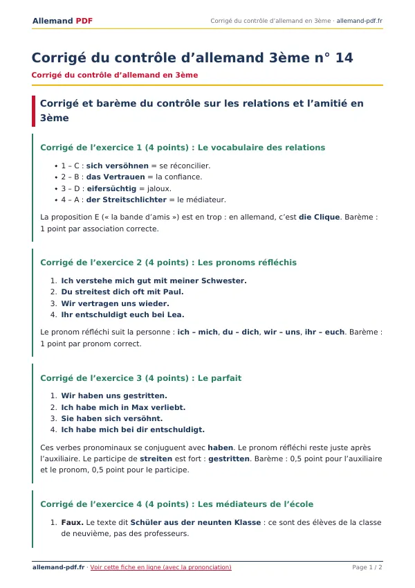 Corrigé du contrôle « Corrigé du contrôle d’allemand 3ème n° 14 » en PDF