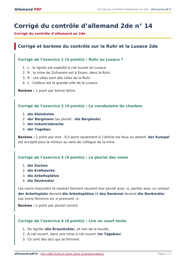 Corrigé du contrôle « Corrigé du contrôle d’allemand 2de n° 14 » en PDF