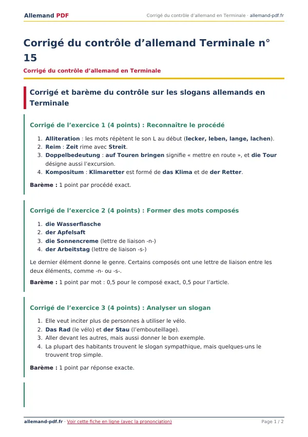 Corrigé du contrôle « Corrigé du contrôle d’allemand Terminale n° 15 » en PDF
