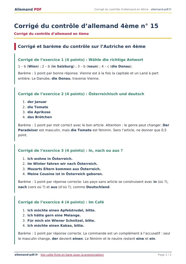 Corrigé du contrôle « Corrigé du contrôle d’allemand 4ème n° 15 » en PDF