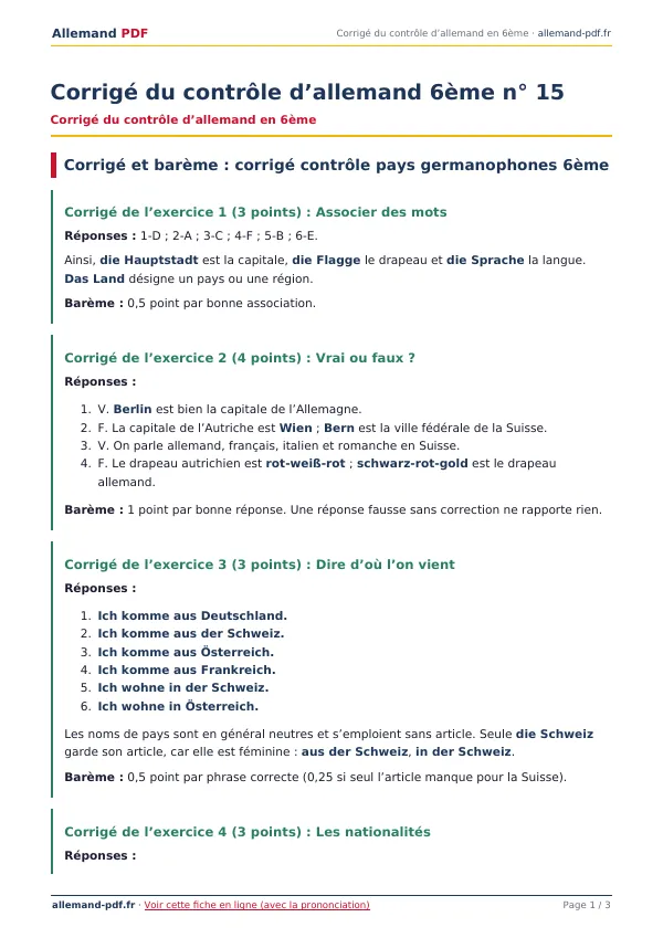 Corrigé du contrôle « Corrigé du contrôle d’allemand 6ème n° 15 » en PDF