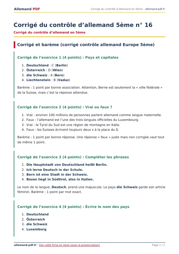 Corrigé du contrôle « Corrigé du contrôle d’allemand 5ème n° 16 » en PDF