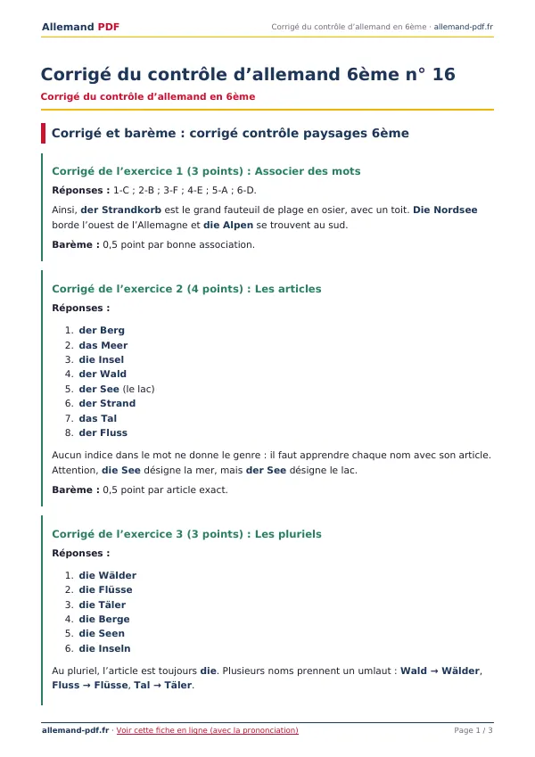 Corrigé du contrôle « Corrigé du contrôle d’allemand 6ème n° 16 » en PDF