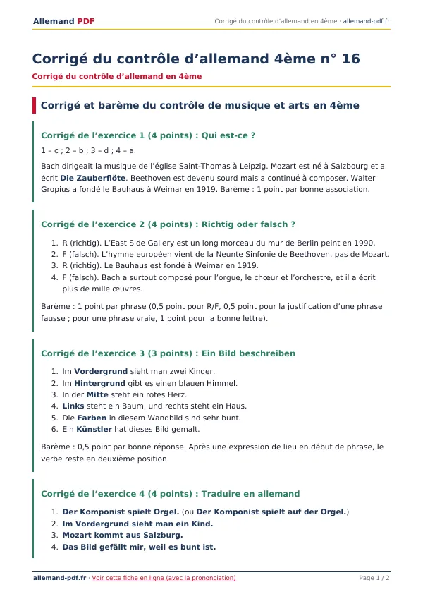 Corrigé du contrôle « Corrigé du contrôle d’allemand 4ème n° 16 » en PDF