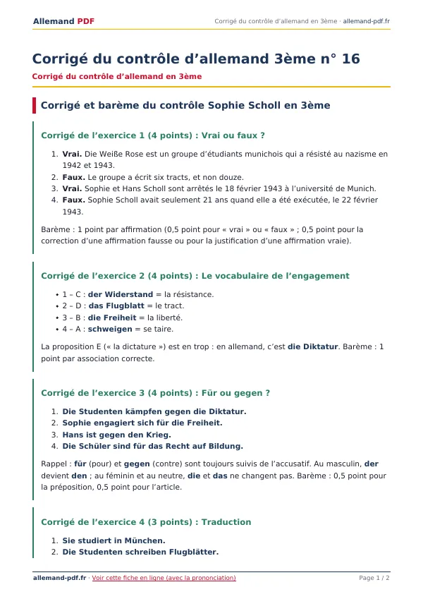 Corrigé du contrôle « Corrigé du contrôle d’allemand 3ème n° 16 » en PDF