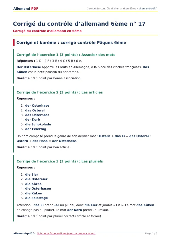 Corrigé du contrôle « Corrigé du contrôle d’allemand 6ème n° 17 » en PDF