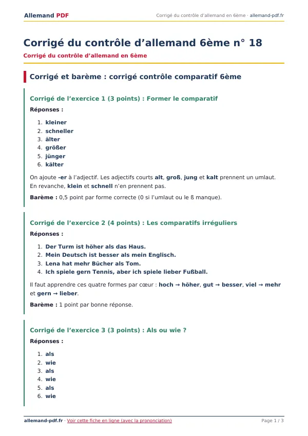 Corrigé du contrôle « Corrigé du contrôle d’allemand 6ème n° 18 » en PDF