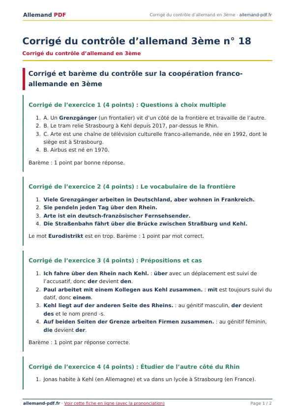 Corrigé du contrôle « Corrigé du contrôle d’allemand 3ème n° 18 » en PDF