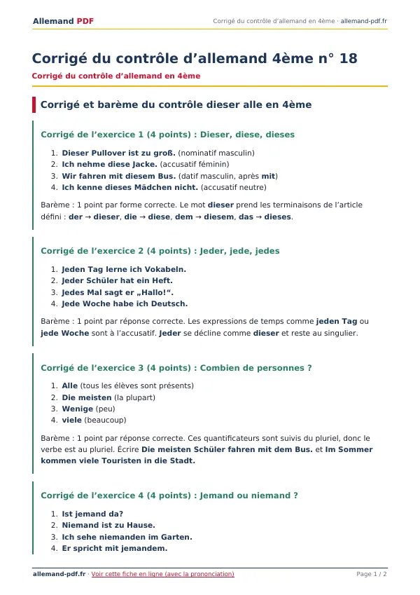 Corrigé du contrôle « Corrigé du contrôle d’allemand 4ème n° 18 » en PDF