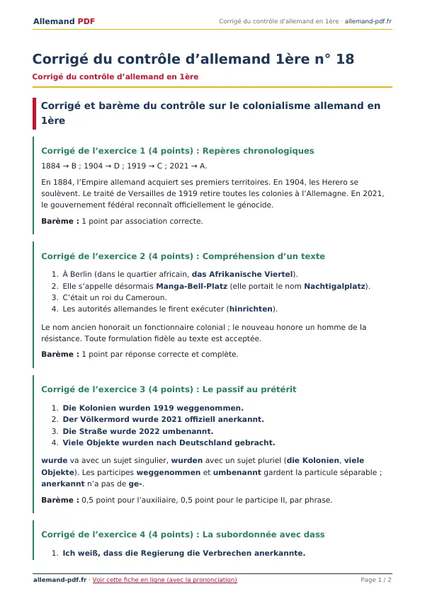 Corrigé du contrôle « Corrigé du contrôle d’allemand 1ère n° 18 » en PDF