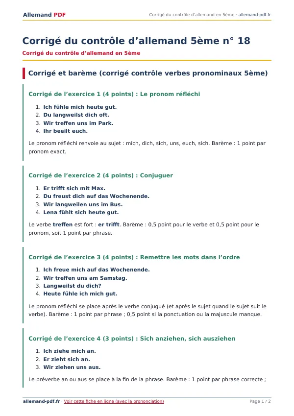 Corrigé du contrôle « Corrigé du contrôle d’allemand 5ème n° 18 » en PDF