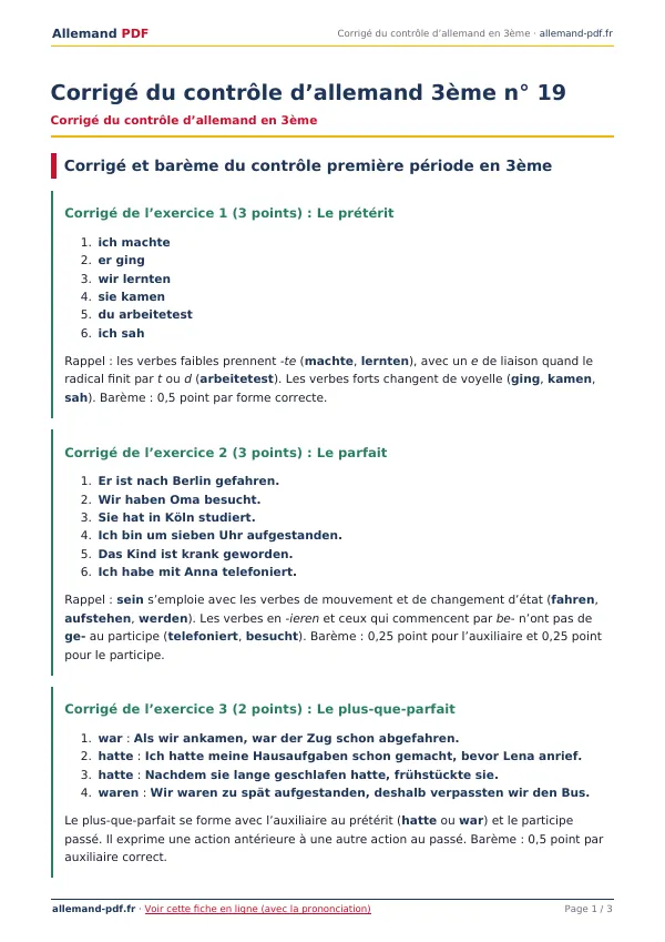 Corrigé du contrôle « Corrigé du contrôle d’allemand 3ème n° 19 » en PDF
