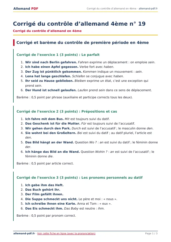 Corrigé du contrôle « Corrigé du contrôle d’allemand 4ème n° 19 » en PDF