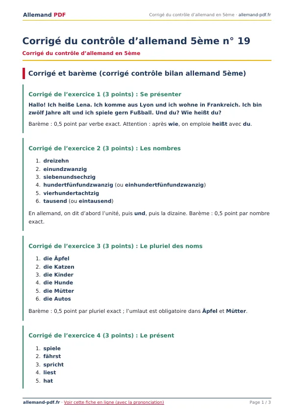 Corrigé du contrôle « Corrigé du contrôle d’allemand 5ème n° 19 » en PDF