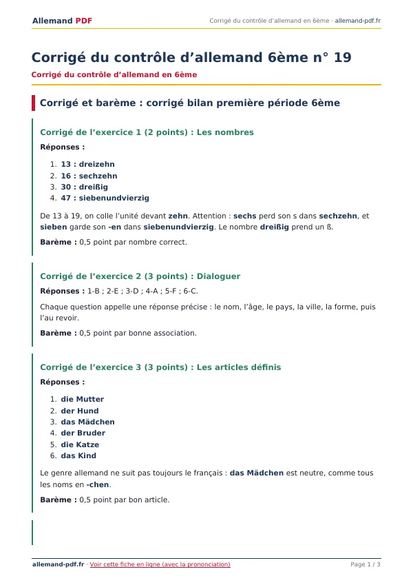 Corrigé du contrôle « Corrigé du contrôle d’allemand 6ème n° 19 » en PDF