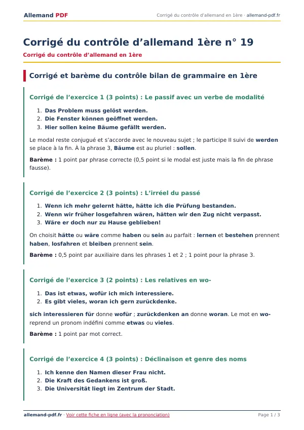 Corrigé du contrôle « Corrigé du contrôle d’allemand 1ère n° 19 » en PDF