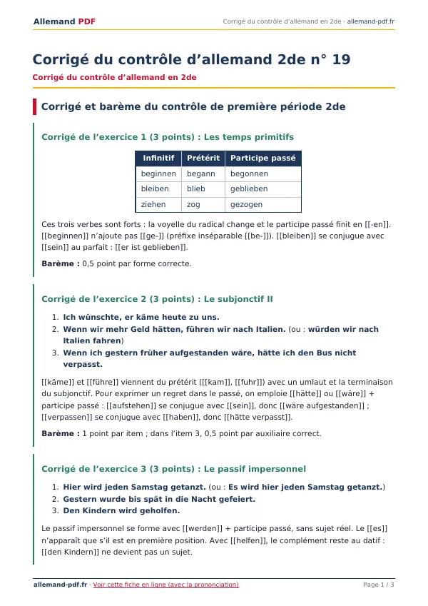 Corrigé du contrôle « Corrigé du contrôle d’allemand 2de n° 19 » en PDF