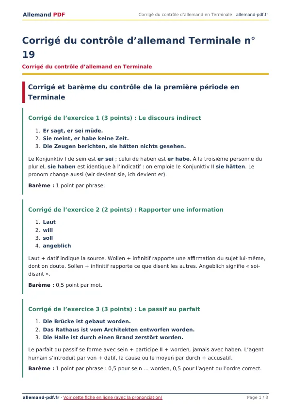 Corrigé du contrôle « Corrigé du contrôle d’allemand Terminale n° 19 » en PDF