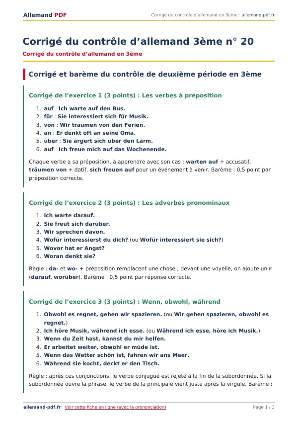 Corrigé du contrôle « Corrigé du contrôle d’allemand 3ème n° 20 » en PDF