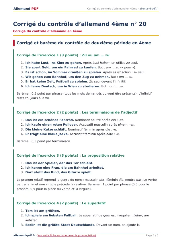 Corrigé du contrôle « Corrigé du contrôle d’allemand 4ème n° 20 » en PDF
