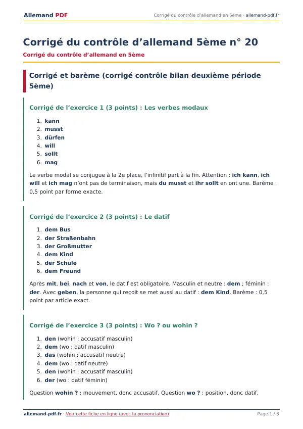 Corrigé du contrôle « Corrigé du contrôle d’allemand 5ème n° 20 » en PDF