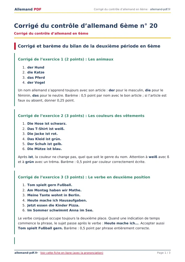 Corrigé du contrôle « Corrigé du contrôle d’allemand 6ème n° 20 » en PDF