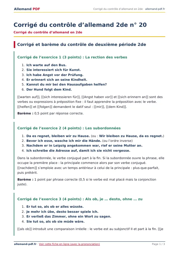 Corrigé du contrôle « Corrigé du contrôle d’allemand 2de n° 20 » en PDF