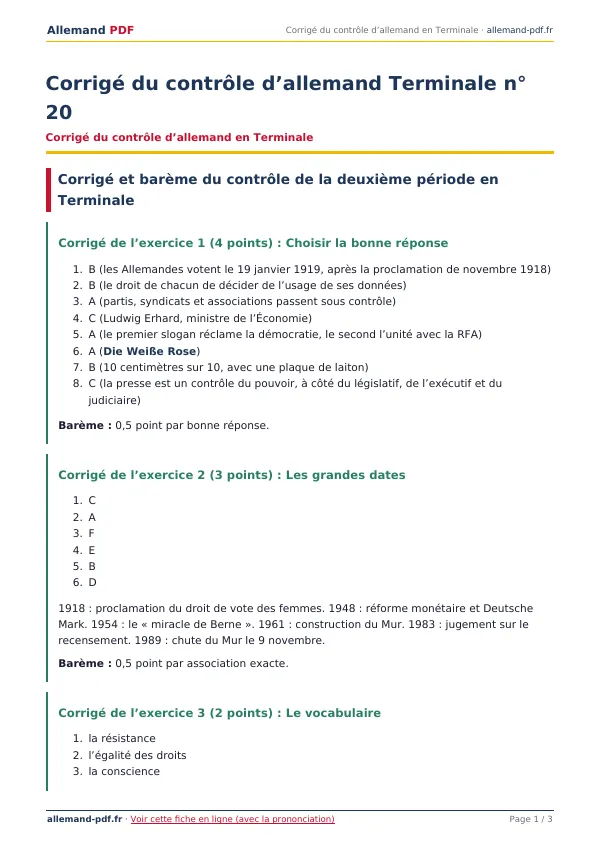 Corrigé du contrôle « Corrigé du contrôle d’allemand Terminale n° 20 » en PDF