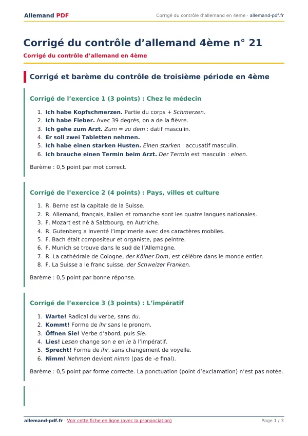 Corrigé du contrôle « Corrigé du contrôle d’allemand 4ème n° 21 » en PDF